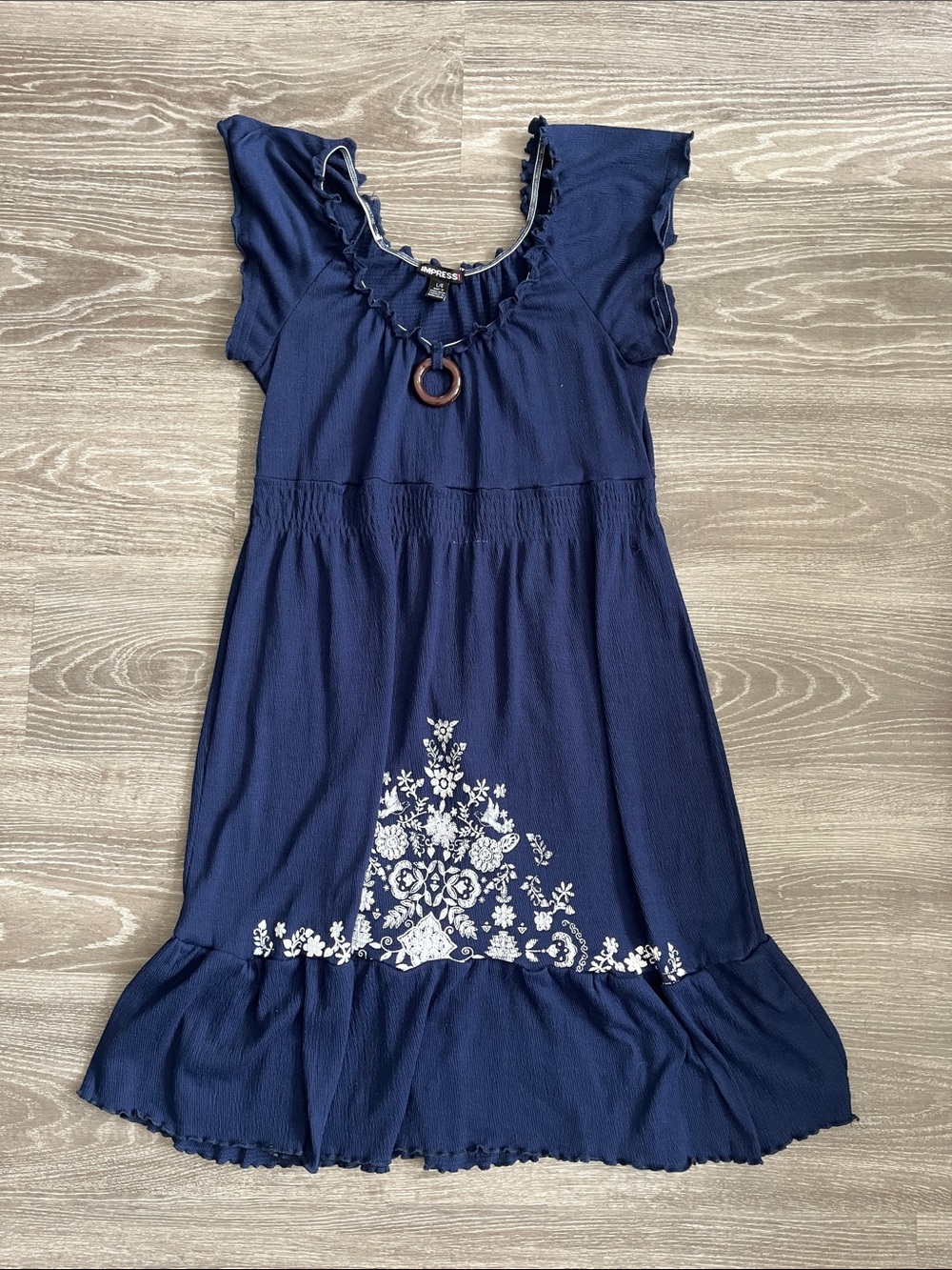 Vintage Impress Navy Blue Casual Dress with White Floral Embroidery
